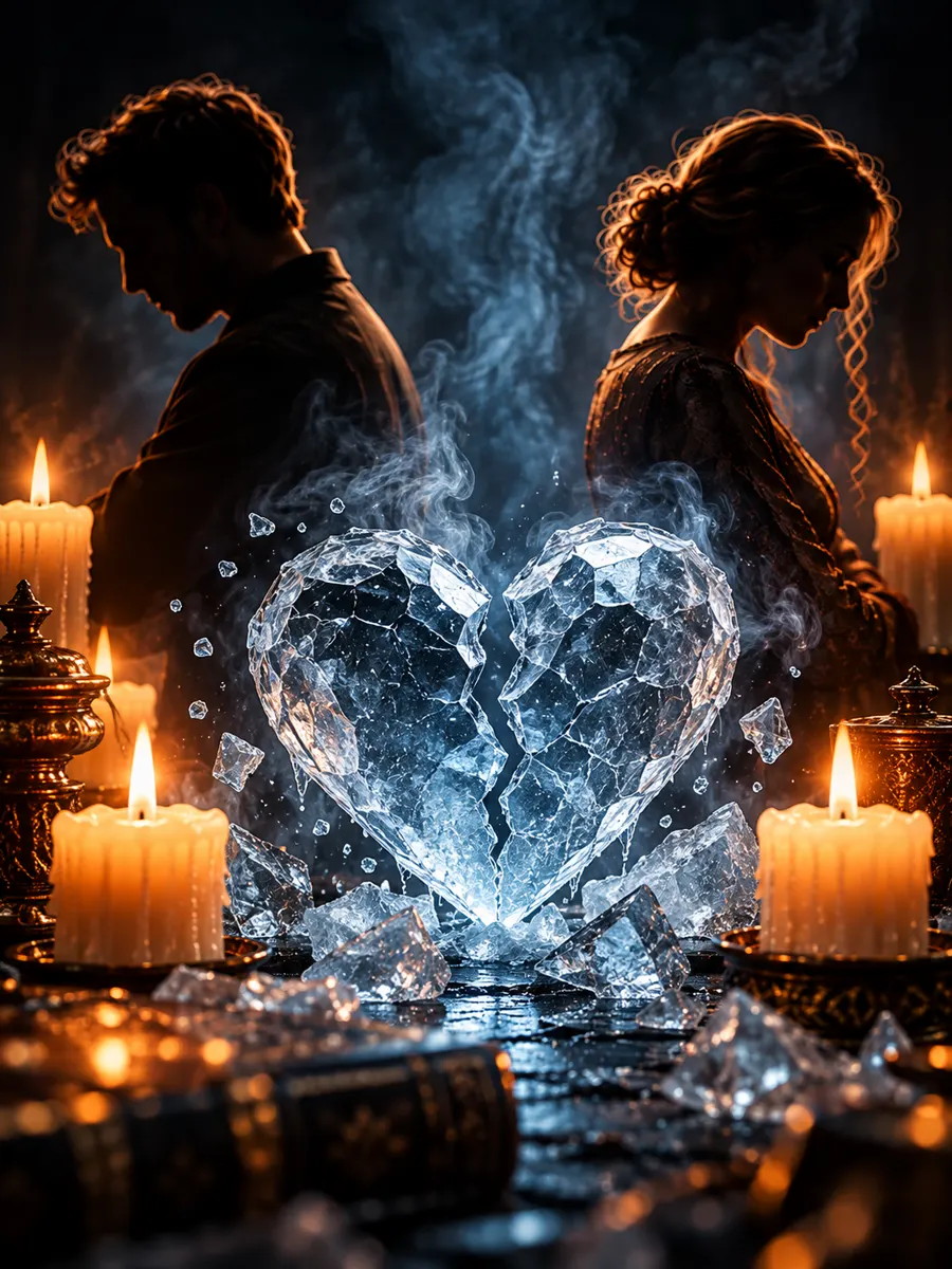 Corazón de hielo partido entre una pareja de espaldas