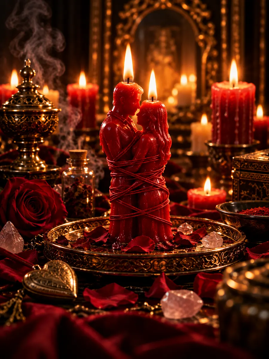 Vela roja de pareja abrazada y atada con hilo rojo