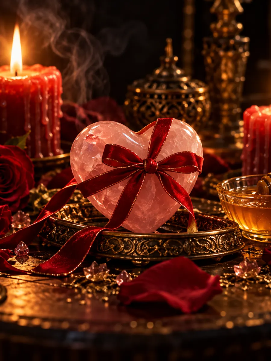 Corazón de cuarzo rosa con lazo rojo, velas y miel