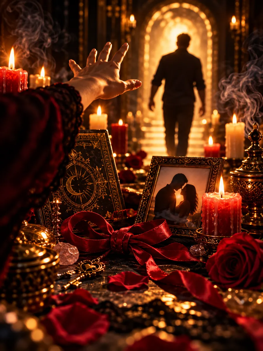 Mano que alcanza a una persona que se aleja, con foto de pareja en el altar